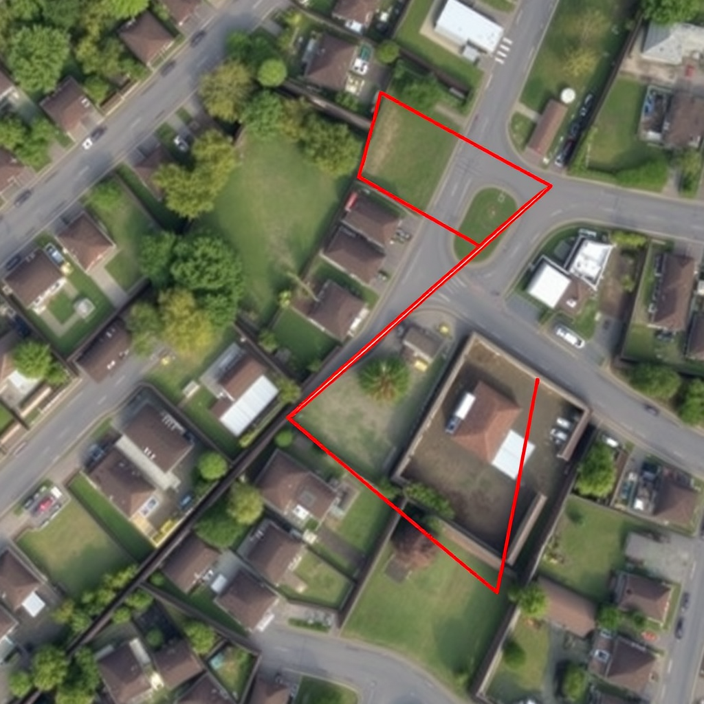 Aerial view of residential and commercial properties with boundary lines marked, representing property dispute resolution and real estate litigation services